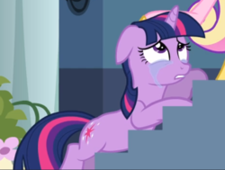 Size: 609x461 | Tagged: safe, screencap, twilight sparkle, pony, unicorn, a canterlot wedding, g4, season 2, cropped, crying, female, floppy ears, looking up, offscreen character, petting, sad, solo focus, stairs, unicorn twilight