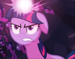 Size: 1200x938 | Tagged: safe, screencap, twilight sparkle, pony, unicorn, a canterlot wedding, g4, angry, cropped, crystal caverns, female, floppy ears, glowing horn, gritted teeth, horn, mare, reflection, sparking horn, unicorn twilight