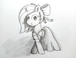 Size: 3084x2368 | Tagged: safe, artist:syndyfon, oc, oc:aurora fuse, pony, bow, clothes, dress, gloves, high res, lineart, monochrome, traditional art