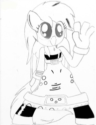 Size: 1582x2048 | Tagged: safe, artist:tenebrousmelancholy, derpy hooves, human, anthro, g4, lineart, micro, smiling, tiny, waving