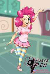 Size: 2320x3420 | Tagged: safe, artist:horsepen, pinkie pie, human, g4, clothes, converse, cute, diapinkes, female, high res, humanized, miniskirt, moe, pleated skirt, shoes, skirt, socks, solo, striped socks, sugarcube corner, thigh highs, zettai ryouiki