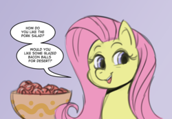 Size: 1136x785 | Tagged: safe, artist:anonymous, fluttershy, pony, g4, bacon, food, meat, ooc is serious business, ponies eating meat