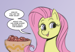 Size: 1136x785 | Tagged: safe, artist:anonymous, fluttershy, pony, g4, bacon, food, meat, out of character, ponies eating meat