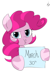 Size: 1000x1414 | Tagged: safe, artist:emositecc, pinkie pie, earth pony, pony, g4, female, kissy face, march, scrunchy face, sign, solo, unamused