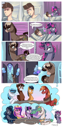 Size: 1980x4000 | Tagged: safe, artist:xjenn9fusion, big macintosh, flash sentry, shining armor, trouble shoes, oc, oc:king speedy hooves, oc:queen galaxia (bigonionbean), oc:tommy the human, alicorn, human, pony, comic:fusing the fusions, comic:time of the fusions, g4, alicorn oc, angry, bed, comic, commissioner:bigonionbean, concerned, confident, cup, dialogue, doors, fusion, fusion:big macintosh, fusion:flash sentry, fusion:princess cadance, fusion:princess celestia, fusion:princess luna, fusion:shining armor, fusion:trouble shoes, fusion:twilight sparkle, hospital, hospital bed, human oc, magic, nervous, out of breath, pillow, potion, table, thought bubble, water, writer:bigonionbean