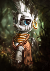 Size: 850x1200 | Tagged: safe, artist:assasinmonkey, zecora, pony, zebra, g4, clothes, cute, digital painting, ear piercing, female, piercing, scenery, signature, smiling, solo, zecorable
