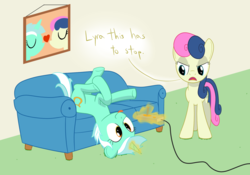 Size: 2000x1400 | Tagged: safe, artist:mightyshockwave, bon bon, lyra heartstrings, sweetie drops, earth pony, pony, unicorn, g4, bon bon is not amused, controller, couch, female, joystick, lesbian, ship:lyrabon, shipping, silly, silly pony, tongue out, unamused, upside down, video game