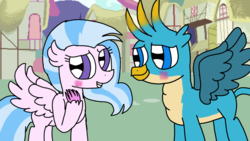 Size: 1920x1080 | Tagged: safe, artist:徐詩珮, gallus, silverstream, hippogriff, g4, blushing, cute, diastreamies, female, gallabetes, male, ponyville, ship:gallstream, shipping, straight, wrong muzzle color