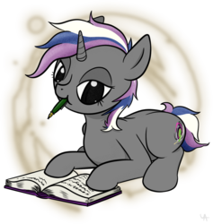 Size: 1436x1513 | Tagged: safe, artist:underwoodart, oc, oc only, oc:subterrene, pony, unicorn, book, female, mare, mouth hold, pen, prone, solo