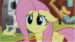 Size: 947x534 | Tagged: safe, edit, edited screencap, screencap, fluttershy, pony, fluttershy leans in, g4, about to cry, fake leak, female, floppy ears, implied discord, sad, smiling, solo