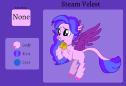 Size: 1439x987 | Tagged: safe, artist:徐詩珮, oc, oc only, oc:steam velest, classical hippogriff, hippogriff, hippogriffon, hybrid, colored hooves, colored wings, female, interspecies offspring, offspring, parent:gallus, parent:silverstream, parents:gallstream, purple background, reference sheet, simple background