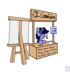 Size: 3468x3585 | Tagged: safe, artist:php142, oc, oc only, oc:purple flix, pony, unicorn, commission, easel, high res, male, music notes, simple background, solo, stand, text, white background