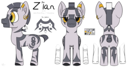 Size: 3592x1902 | Tagged: safe, artist:underwoodart, oc, oc only, oc:z'ian, zebra, colored hooves, ear piercing, front view, golden eyes, male, markings, piercing, rear view, reference sheet, short tail, side view, simple background, solo, tail, transparent background, zebra oc