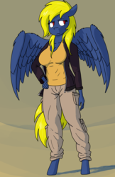 Size: 3300x5100 | Tagged: safe, artist:crazy water, derpibooru exclusive, oc, oc only, oc:naveen numbers, pegasus, anthro, unguligrade anthro, breasts, cargo pants, clothes, female, hand on hip, jacket, mare, pants, solo, standing, wings