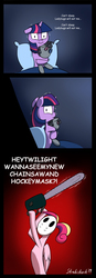 Size: 938x2684 | Tagged: safe, alternate version, artist:strebiskunk, princess cadance, smarty pants, twilight sparkle, pony, g4, interseason shorts, starlight the hypnotist, chainsaw, comic, female, filly, filly twilight sparkle, hockey mask, male, mask, scared, shaking, teen princess cadance, the simpsons, trolldance, younger
