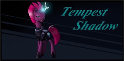 Size: 1271x629 | Tagged: safe, artist:yamikoart, tempest shadow, pony, unicorn, g4, armor, broken horn, eye scar, female, hoof shoes, horn, mare, open mouth, scar, solo