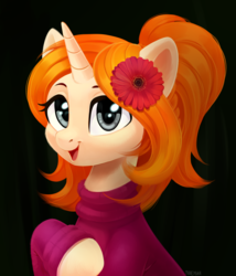 Size: 2740x3200 | Tagged: safe, artist:taneysha, oc, oc only, pony, unicorn, black background, clothes, commission, cute, female, flower, flower in hair, high res, looking at you, mare, ocbetes, open mouth, simple background, smiling, solo, sweater
