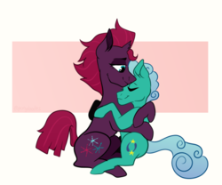 Size: 540x450 | Tagged: safe, artist:silly pony doodles, fizzlepop berrytwist, glitter drops, tempest shadow, pony, unicorn, g4, my little pony: the movie, broken horn, eyes closed, female, horn, hug, lesbian, ship:glittershadow, shipping