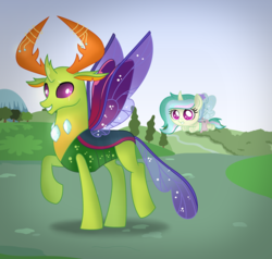 Size: 3152x3000 | Tagged: safe, artist:alizeethepony2008, thorax, oc, changedling, changeling, changepony, nymph, g4, father and daughter, female, flying, high res, king thorax, male, papa thorax