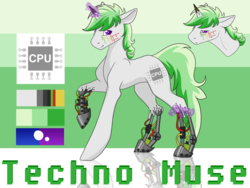 Size: 1024x768 | Tagged: safe, artist:asklevee, oc, oc only, oc:techno muse, cyborg, pony, unicorn, electronics, glowing horn, horn, raised hoof, reference sheet, solo