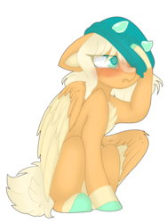 Size: 3072x4096 | Tagged: safe, artist:missclaypony, oc, oc only, pegasus, pony, blushing, chest fluff, colored hooves, female, floppy ears, hat, mare, simple background, sitting, solo, three quarter view, transparent background, two toned wings
