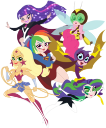 Size: 816x979 | Tagged: safe, artist:rosesweety, applejack, fluttershy, pinkie pie, rainbow dash, rarity, twilight sparkle, equestria girls, g4, batgirl, bumblebee (dc comics), clothes, costume, dc comics, dc superhero girls, flutterbee, green lantern, humane five, humane six, supergirl, wonder woman, wonderjack, zatanna