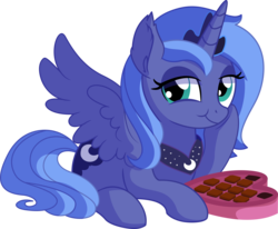 Size: 7287x6015 | Tagged: safe, artist:cyanlightning, princess luna, alicorn, pony, g4, .svg available, absurd resolution, chocolate, ear fluff, female, food, lidded eyes, looking at you, mare, prone, s1 luna, simple background, sitting, solo, spread wings, transparent background, vector, wings