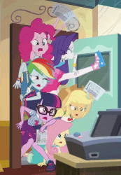 Size: 600x868 | Tagged: safe, screencap, applejack, fluttershy, pinkie pie, rainbow dash, rarity, sci-twi, twilight sparkle, equestria girls, g4, my little pony equestria girls: better together, schedule swap, animated, applejack's hat, canterlot high, celestia's office, clothes, complaining, cowboy hat, cropped, door, female, geode of shielding, geode of super speed, geode of super strength, geode of telekinesis, gif, glasses, hat, humane five, humane six, magical geodes, pantyhose, so ridiculous it's funny, yelling