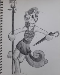 Size: 2448x3060 | Tagged: safe, artist:rockhoppr3, sweetie belle, semi-anthro, g4, arm hooves, chicago, clothes, female, high res, lamppost, monochrome, singin' in the rain, solo, streetlight, traditional art, umbrella