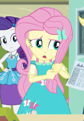 Size: 600x857 | Tagged: safe, screencap, fluttershy, rarity, equestria girls, equestria girls series, g4, schedule swap, spoiler:eqg series (season 2), animated, belt, bracelet, clothes, cropped, cute, dress, female, geode of fauna, geode of shielding, gif, hair grab, hairpin, jewelry, magical geodes, nervous, playing with hair, shyabetes, teenager