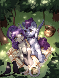 Size: 2791x3672 | Tagged: safe, artist:aphphphphp, oc, oc only, oc:gaysi, oc:mill, bird, pegasus, pony, basket, bow, bowtie, dappled sunlight, female, food, freckles, gayll, high res, looking at each other, male, mare, oc x oc, picnic, sandwich, shipping, sitting, stallion, straight, tree