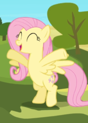 Size: 420x582 | Tagged: safe, screencap, fluttershy, pegasus, pony, g4, the crystal empire, bipedal, cropped, cute, eyes closed, female, mare, open mouth, prancing, shyabetes, smiling, spread hooves