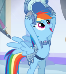Size: 842x942 | Tagged: safe, screencap, rainbow dash, pegasus, pony, g4, the crystal empire, armor, bipedal, cropped, crystal guard armor, female, helmet, looking up, mare, open mouth, royal guard armor, smiling, solo