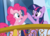 Size: 1306x939 | Tagged: safe, screencap, pinkie pie, twilight sparkle, earth pony, pony, unicorn, g4, the crystal empire, balcony, cropped, female, hoofbump, leaning, looking at each other, mare, open mouth, proud, smiling, unicorn twilight