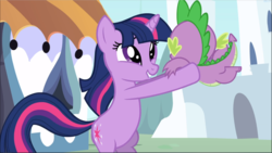 Size: 1669x941 | Tagged: safe, screencap, spike, twilight sparkle, dragon, pony, unicorn, g4, the crystal empire, bipedal, cute, duo, female, male, mare, smiling, twiabetes, unicorn twilight