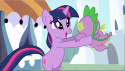 Size: 1668x942 | Tagged: safe, screencap, spike, twilight sparkle, dragon, pony, unicorn, g4, season 3, the crystal empire, belly, bipedal, cute, duo, female, hind legs, legs together, male, mare, open mouth, smiling, the failure song, twiabetes, unicorn twilight
