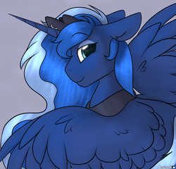 Size: 2064x1980 | Tagged: safe, artist:mariashek, princess luna, alicorn, pony, g4, female, looking at you, simple background, smiling, solo, wings