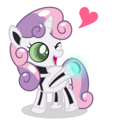 Size: 2500x2500 | Tagged: safe, artist:pizzamovies, sweetie belle, pony, robot, robot pony, unicorn, g4, colored pupils, cute, diasweetes, female, filly, floating heart, heart, high res, mare, one eye closed, open mouth, raised hoof, simple background, smiling, solo, sweetie bot, transparent background, underhoof, waving, wink