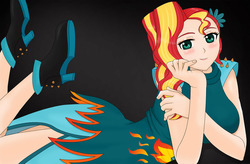 Size: 1600x1049 | Tagged: safe, artist:anonix123, sunset shimmer, human, g4, clothes, dress, female, fiery shimmer, humanized, smiling, solo