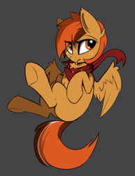 Size: 1605x2082 | Tagged: safe, artist:beardie, oc, oc only, oc:tigers eye, pegasus, pony, clothes, female, filly, freckles, gray background, scarf, simple background, wings
