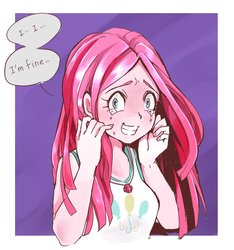 Size: 979x1045 | Tagged: safe, artist:hobilo, pinkie pie, equestria girls, g4, my little pony equestria girls: better together, blushing, clothes, crying, female, looking at you, lying, pinkamena diane pie, sad, smiling, solo