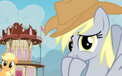 Size: 7000x4375 | Tagged: safe, artist:blackgryph0n, applejack, derpy hooves, pony, g4, the last roundup, absurd resolution, accessory theft, applejack's hat, confused, cowboy hat, cute, derpabetes, hat, i just don't know what went wrong, show accurate, stetson