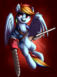 Size: 1800x2400 | Tagged: safe, artist:shido-tara, rainbow dash, pegasus, pony, g4, ash williams, chainsaw, crossover, evil dead, female, gun, mare, open mouth, red background, simple background, solo, spread wings, weapon, wings