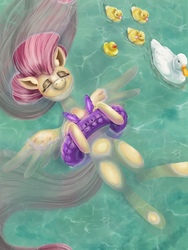 Size: 1668x2224 | Tagged: safe, artist:catscratchpaper, fluttershy, duck, pegasus, pony, g4, cute, duckling, eyes closed, female, floating, floaty, inflatable, mare, on back, pool toy, relaxing, shyabetes, smiling, spread wings, swimming, water, wings
