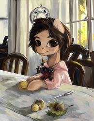 Size: 1395x1800 | Tagged: safe, artist:nancy-05, pony, blouse, bowtie, bust, chair, clothes, female, filly, fine art parody, food, girl with peaches, herbivore, hooves on the table, indoors, interior, knife, leaf, looking at you, peach, ponified, portrait, sitting, solo, table, three quarter view, window
