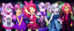 Size: 2368x1000 | Tagged: safe, artist:uotapo, apple bloom, babs seed, diamond tiara, gabby, scootaloo, silver spoon, sweetie belle, equestria girls, adorababs, adorabloom, armpits, blossom (powerpuff girls), blushing, bow, catra, clothes, cosplay, costume, cute, cutealoo, cutie mark crusaders, diamondbetes, diasweetes, dress, fall formal outfits, female, freckles, gabbybetes, glasses, hair bow, hand on hip, looking at you, one eye closed, open mouth, pants, peace sign, ponytail, powerpuff girls z, ranma 1/2, shampoo (ranma 1/2), she-ra, she-ra and the princesses of power, silverbetes, skirt, smiling, suit, sweet dreams fuel, vest, wink