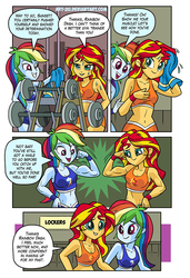 Size: 583x851 | Tagged: safe, artist:art-2u, rainbow dash, sunset shimmer, comic:gym partners, equestria girls, g4, abs, belly button, biceps, breasts, clothes, comic, female, flexing, gym uniform, midriff, muscles, open mouth, rainbuff dash, shorts, smiling, speech bubble, sports bra, sports shorts, sunset lifter, sweat, towel, weights, workout outfit, wristband