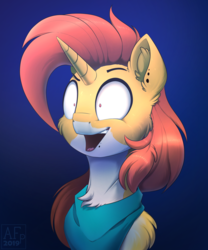 Size: 2731x3278 | Tagged: safe, artist:airfly-pony, oc, oc only, oc:autumn fire, pony, rcf community, bust, crazy face, faic, high res, male, open mouth, piercing, portrait, smiling, solo, teeth