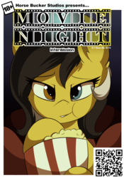 Size: 1154x1650 | Tagged: safe, artist:beardie, oc, oc only, oc:zedwin, earth pony, pony, comic:movie night (beardie), cinema, comic, comic cover, cover, ear fluff, female, food, heterochromia, hooves, looking at you, mare, popcorn, solo