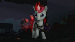 Size: 3840x2160 | Tagged: safe, artist:awgear, oc, oc only, oc:life bloom, earth pony, pony, unicorn, fallout equestria, 3d, blue eyes, danger, energy weapon, fallout, female, glowing horn, grin, gun, handgun, high res, hooves, horn, laser pistol, levitation, magic, magical energy weapon, male, mare, night, raider, raiders, red mane, red tail, reloading, smiling, solo, source filmmaker, stallion, telekinesis, this will end in death, this will end in pain, this will end in tears, this will end in tears and/or death, wasteland, weapon, white coat, worried